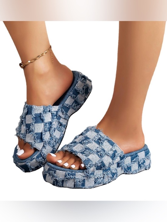 The Unbranded Brand Shoes - Checked Denim Platform Slide Mules - Blue Size 6
